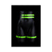 Black mannequin wearing green glow-in-the-dark thigh cuffs and double buckle belt against a black background.