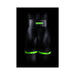 Black mannequin wearing Ouch! Glow in the Dark green-accented thigh cuffs and wide belt against black background.