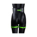 Black mannequin wearing Ouch! Glow in the Dark green and black thigh cuffs and matching wide belt from the back.