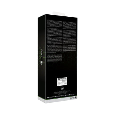 Black and green packaging box for Ouch! Glow Thigh Cuffs, Hand Cuffs & Belt with product information and branding.