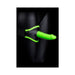 Glow in the dark green silicone dildo attached to an adjustable black thigh harness with neon green trim on a black background.