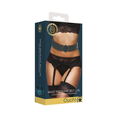Packaging of Ouch Halo Waist Restraint Belt L/XL featuring a black leather-look belt with gold ring detail worn over black lace lingerie.