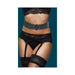 Black lace lingerie set with garter belt and Ouch Halo waist belt featuring a gold circular buckle on model's waist