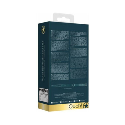 Packaging box for Ouch Halo Waist Belt S/m with product details and branding in dark blue and gold colors.