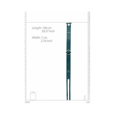 Black Ouch Halo waist belt with metal rings and adjustable straps shown with size measurements.