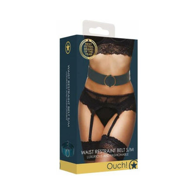 Packaging of Ouch Halo waist restraint belt S/M featuring a model wearing the black belt with gold ring detail over lace lingerie.