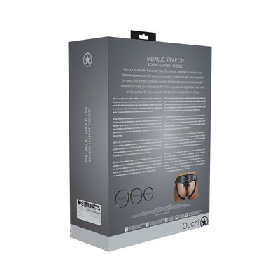 Packaging box of Ouch! Metallic Strap-on Harness showing product details, ring sizes, and a small image of the harness worn.