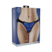 Packaging of Ouch! Metallic Strap-on Harness showing a metallic blue adjustable strap-on harness worn on a model's hips.