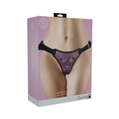 Packaging of Ouch! Metallic Strap-on Harness showing a close-up of the adjustable metallic purple harness worn on a model's hips.
