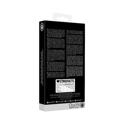 Packaging box for Ouch! Puppy Play Silicone Bone Gag in black with product details and branding on a white background.
