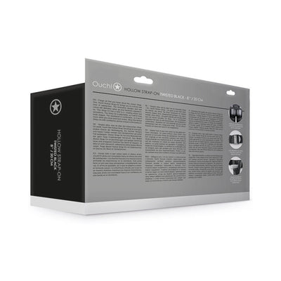 Packaging box of Ouch! Hollow Strap-On Twisted Black 8 inch with product details and images on the back panel.