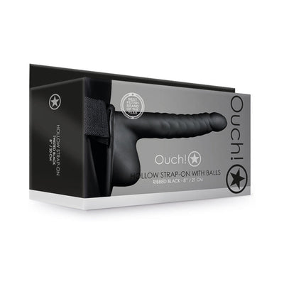 Black ribbed hollow strap-on with balls displayed on packaging box with branding and product details.