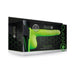 Packaging of Ouch! glow-in-the-dark ribbed hollow strap-on in neon green with adjustable waistband.