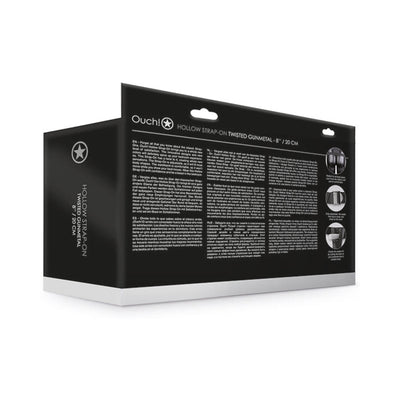 Black and silver packaging box for Ouch! Hollow Strap-On Twisted Gunmetal 8 inch with product details and images.