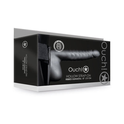 Packaging box of Ouch! ribbed hollow strap-on in gunmetal color with adjustable waistband shown on front.