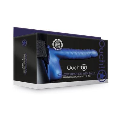 Packaging box of Ouch! ribbed hollow strap-on with balls in metallic blue, 8-inch length, featuring adjustable waistband.