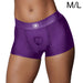 Purple vibrating strap-on boxer shorts with an O-ring front, shown in size M/L on a model.