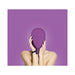 Person wearing a smooth purple spandex subjugation mask covering the entire head against a matching purple background.