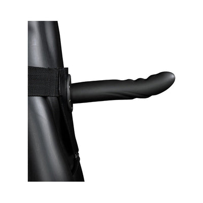 Black textured curved hollow strap-on with adjustable waistband displayed on mannequin side view.