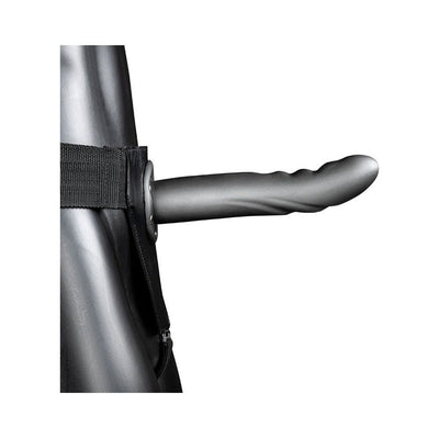 Black textured curved hollow strap-on with adjustable waistband displayed on mannequin side view.