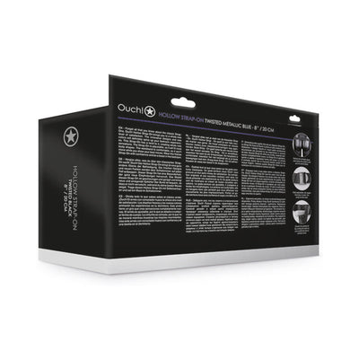 Black and white packaging box for Ouch! Hollow Strap-On 8 inch with product details and images on the back.