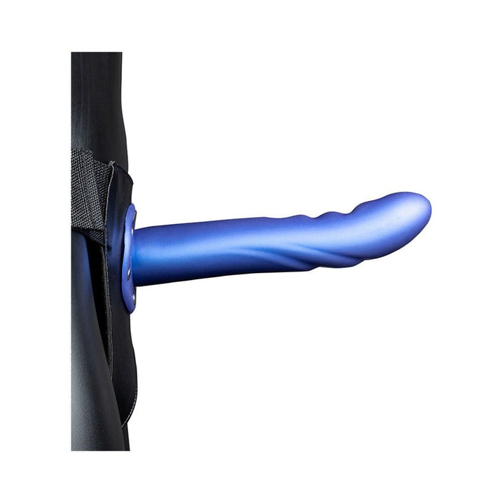 Blue textured curved hollow strap-on attached to adjustable black waistband on mannequin side view.