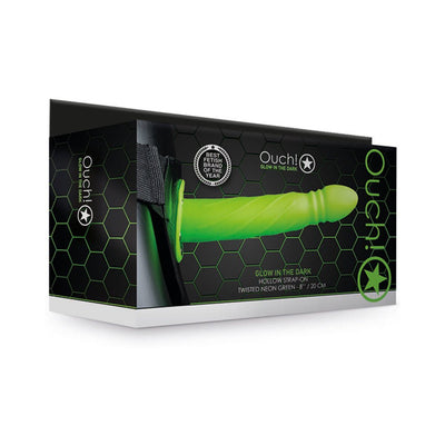 Packaging box of Ouch! Twisted Hollow Strap-on in neon green with glow-in-the-dark feature and adjustable straps.