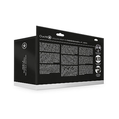 Black and white packaging box for Ouch! Twisted Hollow Strap-on with product details and usage instructions.