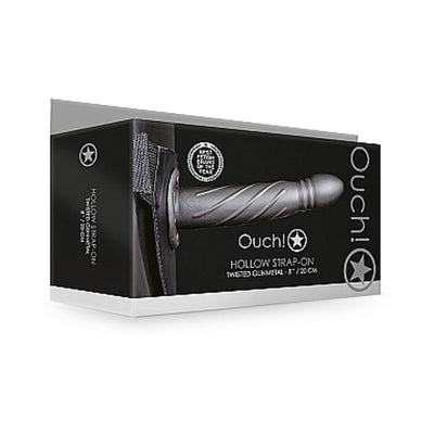 Packaging box of Ouch! Twisted Hollow Strap-on in black with product image and branding on front.