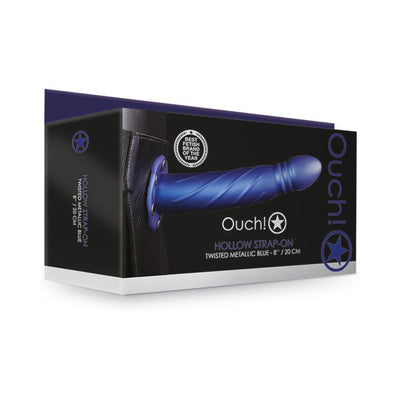 Packaging box of Ouch! Hollow Strap-On in twisted metallic blue, featuring an 8-inch hollow design and adjustable waistband.