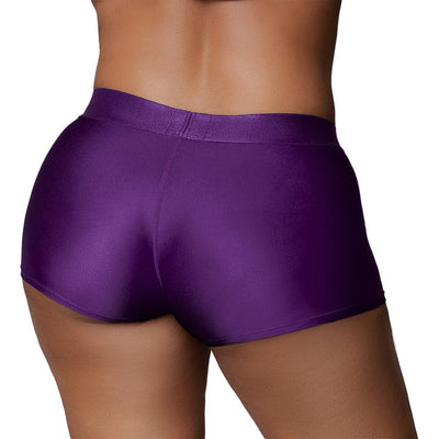 Back view of a person wearing purple satin-finish vibrating strap-on boxer shorts.