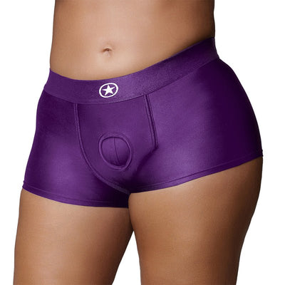 Purple vibrating strap-on boxer with a smooth, stretchy fit and a front O-ring opening for versatile use.