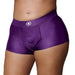 Purple vibrating strap-on boxer with a smooth, stretchy fit and a front O-ring opening for versatile use.
