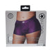 Packaging of Ouch! Vibrating Strap-on Boxer in purple, showing the product worn on lower torso with branding and product details.