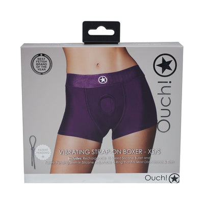 Packaging of Ouch! Vibrating Strap-on Boxer in purple, showing front view of boxer shorts with adjustable O-ring and branding.