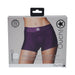 Packaging of Ouch! Vibrating Strap-on Boxer in purple, showing front view of boxer shorts with adjustable O-ring and branding.