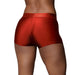 Back view of red vibrating strap-on boxer shorts on model with smooth, stretchy fabric and wide waistband.