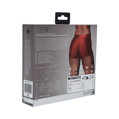Packaging box of Ouch! Vibrating Strap-on Boxer in red, showing product details, size chart, and usage information.