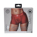 Packaging of Ouch! Vibrating Strap-on Boxer in red, showing front view of the product worn on a model.