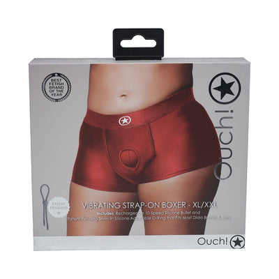 Packaging of Ouch! Vibrating Strap-on Boxer in red, size XL/XXL, featuring a close-up of the product worn on hips.