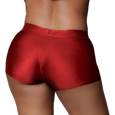 Back view of a person wearing shiny red strap-on boxer shorts with a smooth, fitted design.