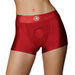 Red vibrating strap-on boxer shorts with a front O-ring and star logo waistband on a model.