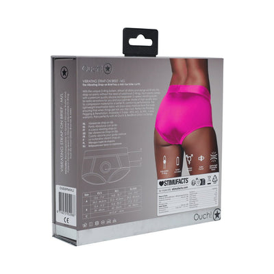 Packaging of Ouch! Vibrating Strap-on Brief in pink showing product details and fit on model from the back.