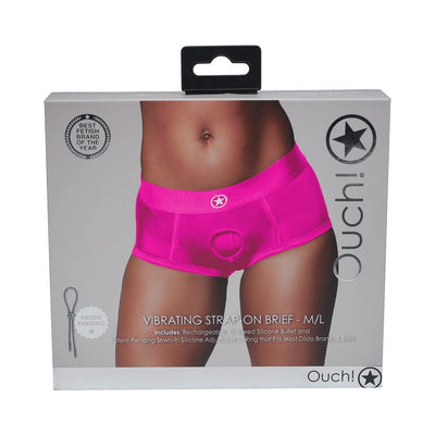 Packaging of Ouch! Vibrating Strap-on Brief in bright pink, showing mid-rise fit with patent-pending adjustable O-ring system.
