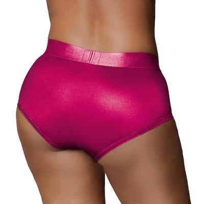 Back view of a person wearing shiny pink mid-rise strap-on brief underwear with a smooth finish.
