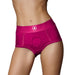 Pink mid-rise vibrating strap-on brief with a circular O-ring opening and star logo waistband detail.
