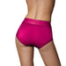 Back view of a model wearing vibrant pink mid-rise strap-on brief with smooth, elastic fabric and wide waistband.