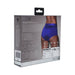 Packaging box of Ouch! Vibrating Strap-on Brief in royal blue showing product details and size chart on the back.