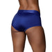 Back view of a model wearing royal blue mid-rise vibrating strap-on brief with smooth, stretchy fabric.