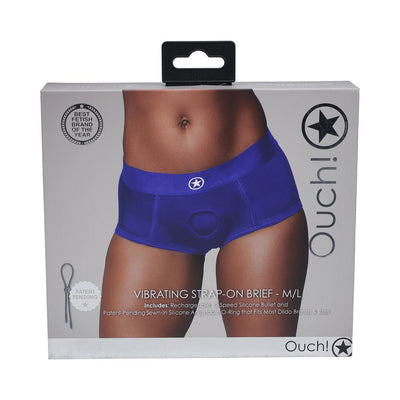 Packaging of Ouch! Vibrating Strap-on Brief in royal blue, showing mid-rise brief on model with product details and branding.